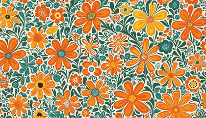 Wall Mural - Vintage flower seamless pattern illustration. Retro psychedelic floral background art design. Groovy colorful spring texture, hippie seventies nature backdrop print with repeating daisy flowers.