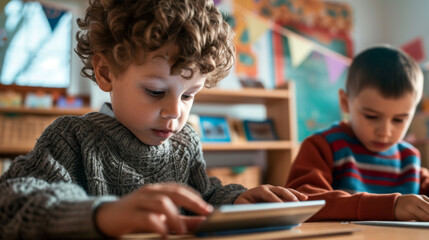 Poster - two young boys engaged with tablet computers, likely in a classroom setting with educational toys and decorations in the background.