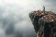 conceptual image of a person standing at the edge of a cliff, looking down at a pile of discarded cigarette butts