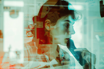 Wall Mural - portrait of a secretary with a double exposure of a phone and a paper