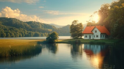 Sticker - Beautiful natural background with a house on a lake. large copyspace area, offcenter composition