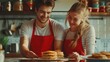 © olegganko - Beautiful young happy couple in red aprons baking pancakes together in a modern kitchen