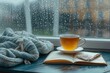 A warm cup of tea and a good book bring comfort on a cold winter morning, resting on a windowsill with the backdrop of cozy indoor vibes and elegant tableware
