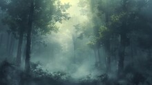 Capture The Ethereal Beauty Of A Misty Forest. Towering Trees Shrouded In Fog