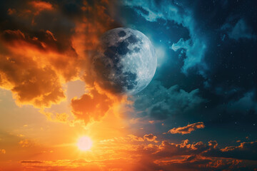 Wall Mural - photo of a day and night scene with a half moon and a sun