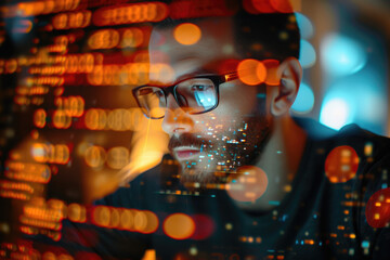 portrait of a programmer with a double exposure of a laptop and a code