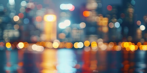 A blurry, atmospheric cityscape at night with colorful bokeh lights.