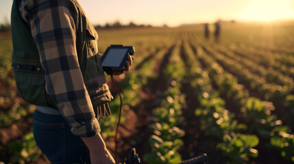 Wall Mural - person in a field using a tablet with another person in the background, presumably engaged in agricultural activities.