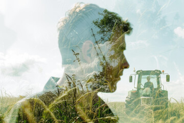 portrait of a farmer with a double exposure of a tractor and a field