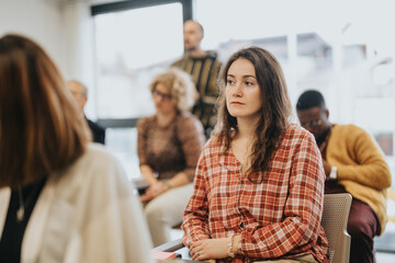 Wall Mural - Thoughtful young woman listening intently at professional workshop.