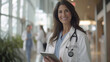 © MP Studio - smiling female healthcare professional, stands in a hospital corridor holding a tablet