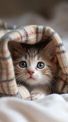 Wall Mural - Cute kitten on a blanket on a cold day. Kitten under a blanket in adorable and serene view. Kitten trying to keep warm.