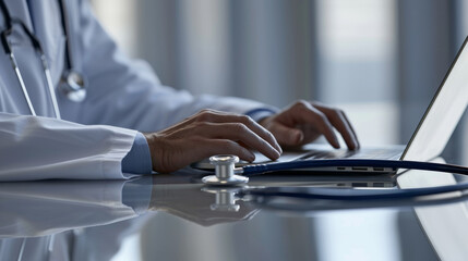 Poster - hands of a doctor typing on a laptop keyboard with a stethoscope lying on the desk, suggesting a medical professional entering data or consulting a patient's electronic health records.