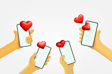 Aufkleber - Fall in love concept with group of people and smartphones. 3d vector iluustration