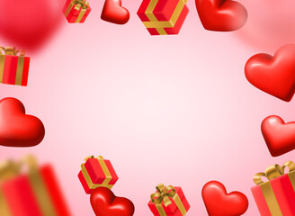Aufkleber - Gift boxes and flying hearts. Happy Valentines day frame with copy space. 3d vector