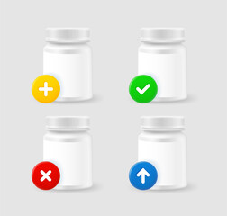 Wall Mural - Plastic can with pills set with different pictograms. 3d vector icons set