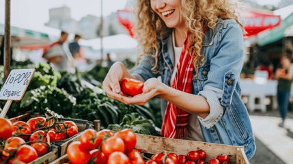 Poster - person is selecting a ripe tomato from a crate labeled 