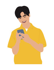 Young man holding mobile phone. Teenage Male Character with smartphone in hand. Handsome guy use gadget, surfing internet, chatting. Flat vector illustration isolated on white background.