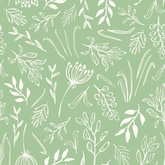  Hand drawn botany seamless repeat pattern. Random placed, vector flowers, leaves, herbs, branches and more plants aop all over surface print on sage green background.