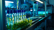 A laboratory where researchers are experimenting with artificial photosynthesis to produce renewable fuels from sunlight and water, with dynamic and dramatic composition, with copy