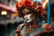 A woman wearing a Venetian mask and a carnival costume embellished with flowers