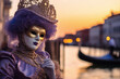A person in a Venetian mask and carnival costume by water's edge