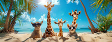 Funny Animals In The Beach Sea On Summer Vacation Holidays, Wearing R Sunglasses. Cool Animals With Sunglasses And Hat On The Beach. Summer Traveling Concept.