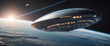 futuristic space ship flying in the space for space exploration or alien scifi concepts as wide banner with copysapce area 