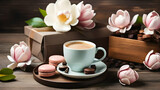 Fototapeta Tulipany - Morning cup of coffee with milk, cake macaron, gift or present box and magnolia flowers on rustic wooden table. flat lay