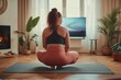 A serene woman finds inner peace amidst the chaos of modern living, gazing at the tv while surrounded by lush indoor plants and a calming yoga mat