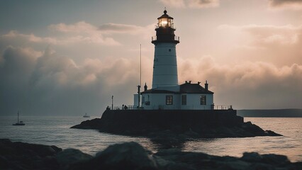 Wall Mural - lighthouse at dusk the lighthouse is actually a secret weapon that is about to fire a laser at an enemy ship  