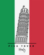 Line drawing Continuous line drawing of vector Italian landmark Tower of Pisa, Italy. Tourism, Vector illustration, simple line travel concept. Flag of Italy.