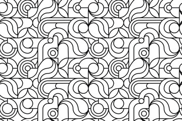Wall Mural - linear geometric seamless pattern with arcs and circles.black white abstract vector background or te
