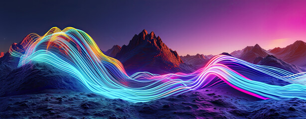 Poster - Surreal landscape: rocky mountains and neon curvy colorful lines in motion. Flowing energy concept. Glowing trajectory path data flow concept