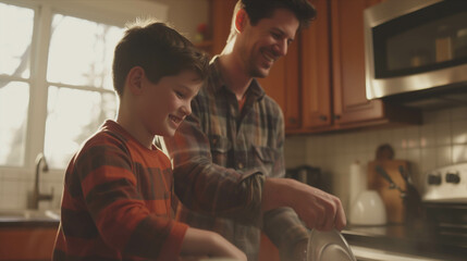 Wall Mural - Caucasian father and son washing dishes in the kitchen.