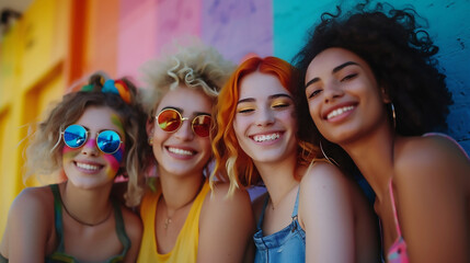 Wall Mural - Group of friends celebrating pride month. LGBTQ community, support, gay pride month, Equality symbols 