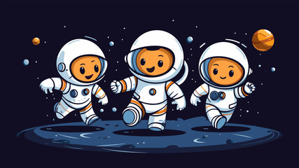 Wall Mural - Cartoon cute astronauts run. Funny cosmonauts, space characters in costumes moving on planet. Adventures in universe, childish vector illustration