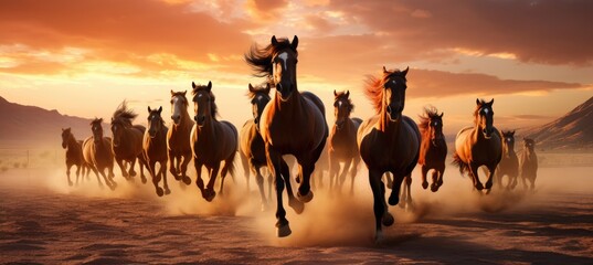 Wall Mural - group of horses running gallop in the desert.