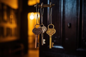 Hanging set of keys on wooden background