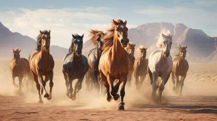 Wall Mural - group of horses running gallop in the desert.