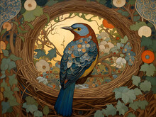 Decorative Art Nouveau Illustration Of A Cuckoo In An Ornate Decorative Golden Background
