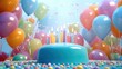 Niebieski tort urodzinowy z 10 świeczkami, który jest otoczony kolorowymi balonami i serpentynami, na stole rozsypane są słodycze