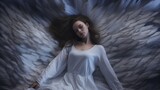 Fototapeta Tęcza - Kobieta w białej sukni leży na miękkich skrzydłach anioła