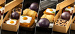 Collage of photographs of brownies looking as hot-dog, sandwich with fried egg, passion fruit and
blackcurrant pie, in box on dark background.