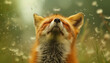 A fox with closed eyes appears to be in a state of bliss, surrounded by floating dandelion seeds against a soft green bokeh background