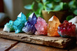 A collection of brightly colored crystal clusters displayed on a rustic wooden plank, symbolizing harmony and energy balance..