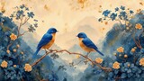 Fototapeta Fototapety do pokoju - Obraz przedstawiający dwie ptaki siedzące na gałązce drzewa w złoto niebieskich barwach