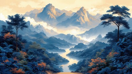 Fototapeta na obrazie widać krajobraz górski z rzeką płynącą przez niego.