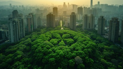 Fototapeta minimalistyczne lotnicze zdjęcie przedstawiające surrealny park w środku z koniczyną na szczęście w środku miasta  z wysokimi budynkami.