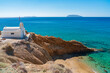 Agioi Anargyroi beach and church in Anafi, Cyclades islands archipelago GR